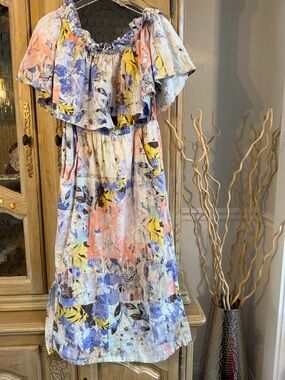 INC Cotton Floral Ruffle Off-Shoulder Dress - Pastel Multi